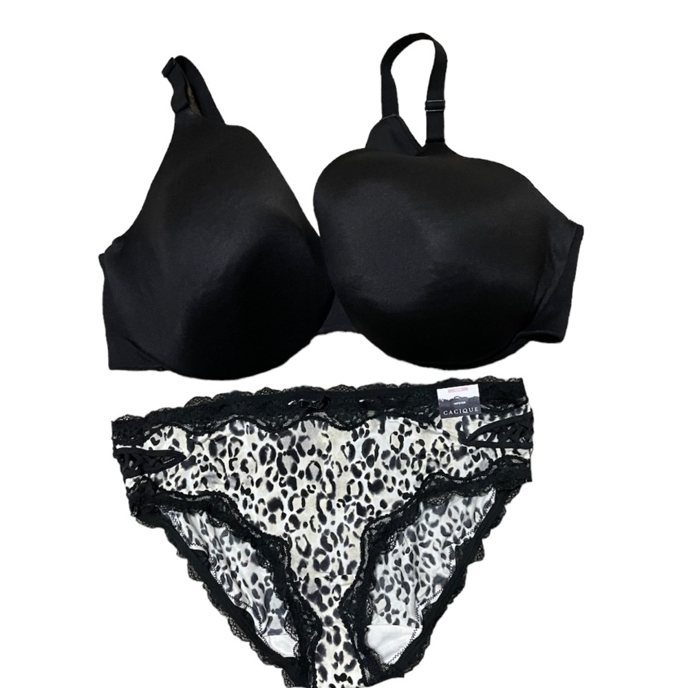 Lane Bryant Cacique Back Smoothing Full Coverage 46DDD Black Matching Panty New